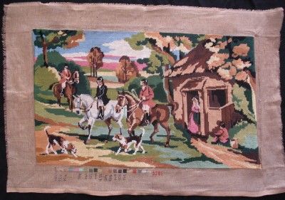 vintage completed needlepoint fox hunting . Beagle dogs  