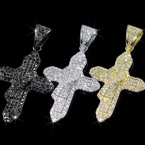 Hip Hop Iced Out CZ Black Gold Plated Cross Crucifix Pendant Bling 