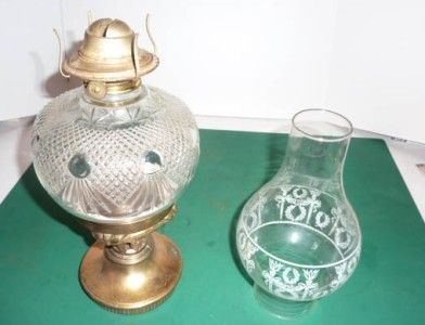 Oil lamp mettle base Clear pattern glass font sp. Chimney  