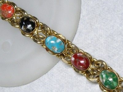 Heavy Multi Colored Speckled Glass Cabochon Bracelet  