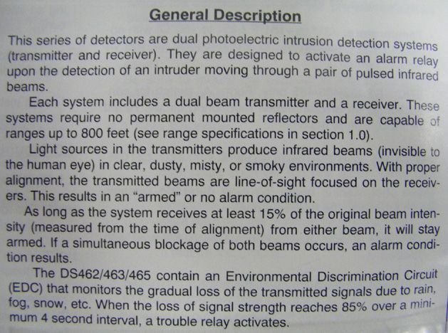 DS DETECTION DS465 DUAL BEAM PHOTOELECTRIC INTRUSION  