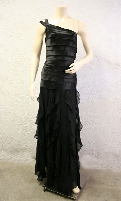 388 BCBG BLACK ONE SHOULDER CASCADE RUFFLE LONG DRESS NWT 0  