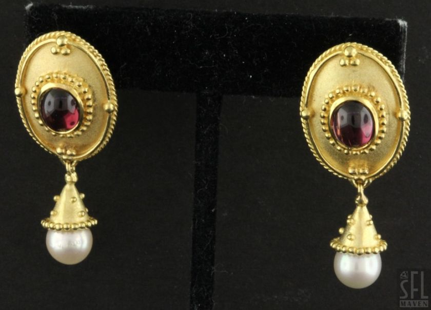 DILARO HEAVY 18K GOLD ELEGANT 3.0CT PINK TOURMALINE/8mm PEARL DANGLE 