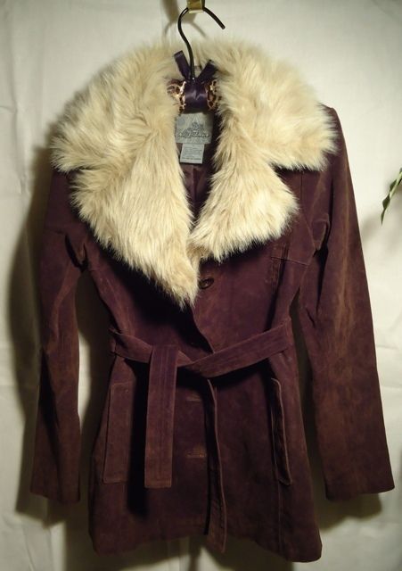 BB Dakota Dark Brown Belted Leather Suede Jacket with Faux Fur Collar 