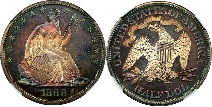 1868 50c NGC PF65 Beautiful Near Cameo Toned Proof Seated Half  