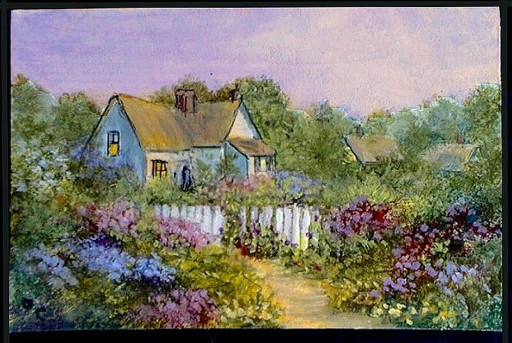 OIL PAINTING MINIATURE SUNSET ENGLISH COTTAGE  