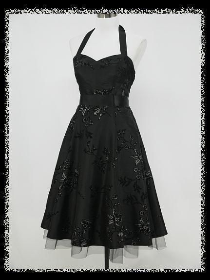   50s HALTER FLOCK TATTOO ROCKABILLY PROM PARTY COCKTAIL DRESS  