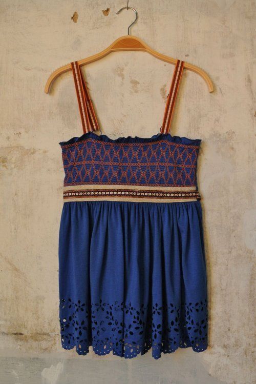 Hazel Bright Blue Smocked Native American Trimmed Boho Camisole Top 