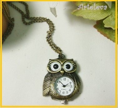 Cute OWL Watch NECKLACE bronze Chain Retro Vintage Antique Jewelry 