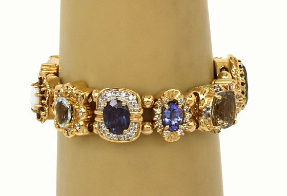 EXQUISITE 14K GOLD 1.35ct DIAMONDS & GEMS SLIDE CHARM BRACELET  