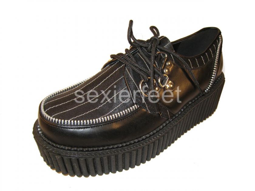 Platform Creeper Black Pu pinstripe Shoes with zipper. Color Black 