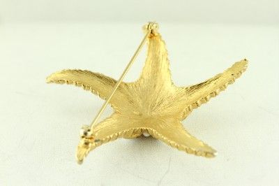   Costume Jewelry Gold Tone Starfish Brooch Pin White Glass Cab Accents
