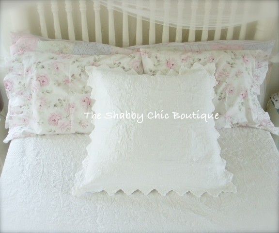 Full Queen Blue Quilt & Shams Bed Set Shabby Beach Cottage Chic Shell 