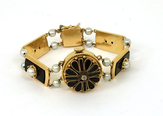   ART DECO 14K, PEARLS & BLACK ONYX LADIES STYLISH COVER WATCH BRACELET