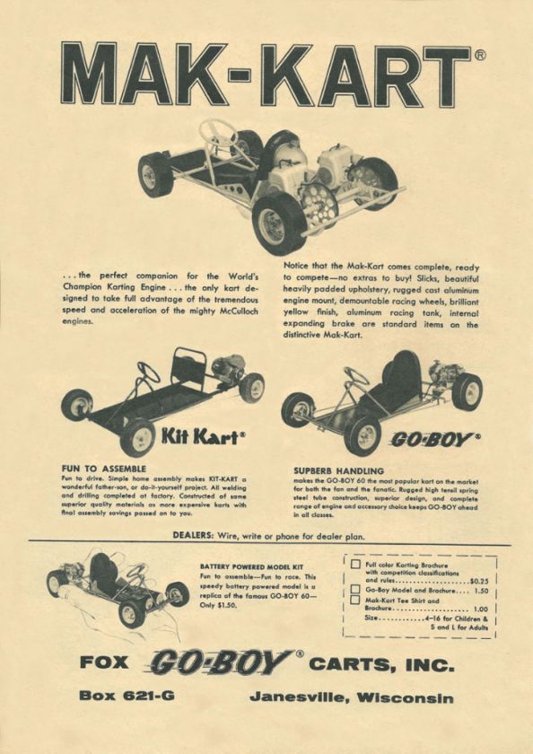 Vintage Beautiful 1960's Fox Mak Kart Go-Kart Ad 