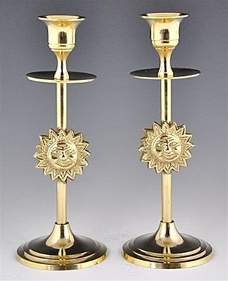 SUN FACE CANDLEHOLDER set of 2 Brass Taper pagan  