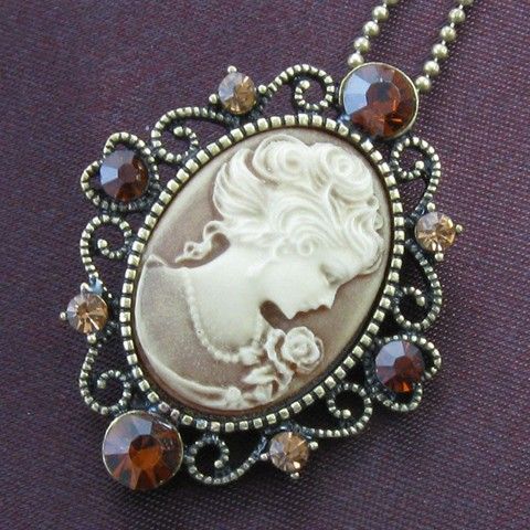   Brass Brown Topaz Rhinestone Designer Cameo Necklace Pendant 0  