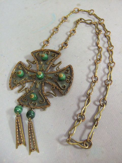   Mixed Metal Copper Brass Jade Bead Huge MALTESE CROSS Pendant Necklace