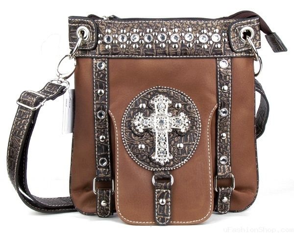   COWGIRL BROWN RHINESTONE CROSS MESSENGER BAG CROSS BODY PURSE TOTE