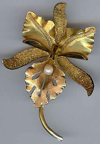 LARGE VINTAGE 18K GOLD DIMENSIONAL ORCHID PIN  