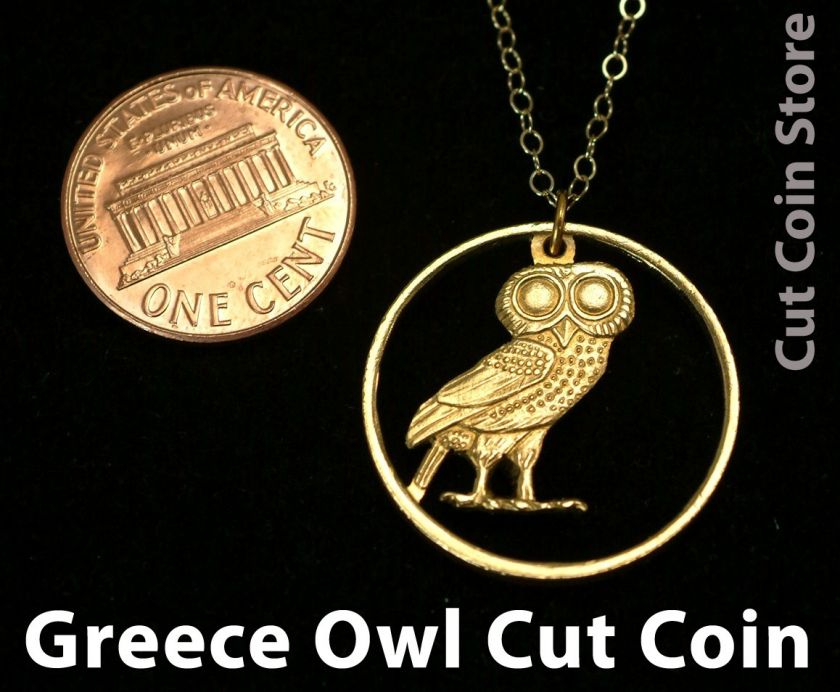   Drachmai Owl Cut Out Coin Necklace from The Cut Coin Store  
