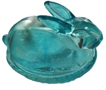 VINTAGE L.E. SMITH GREEN GLASS BUNNY BASKET TRINKET BOX  