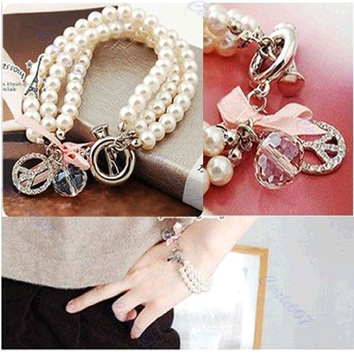 Fashion Beauty Pearl Chain Rhinestone Bracelet Bangle Bead  