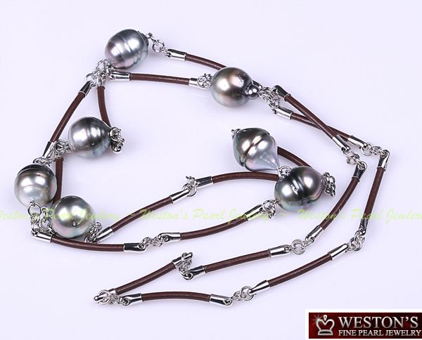 BAROQUE BLACK TAHITIAN PEARL LEATHER CHAIN NECKLACE 925  