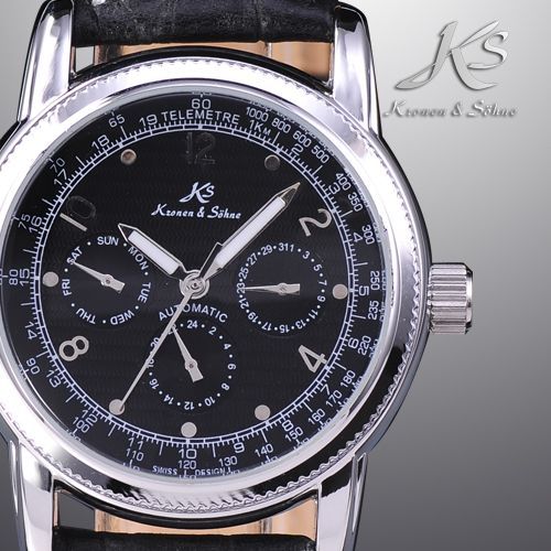 KS Date Day Auto Mechanical Leather Mens Wrist Watch  