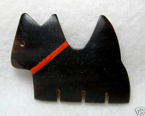 Carved Horn Scottie Dog Button wInlay Wood Collar LG SZ  