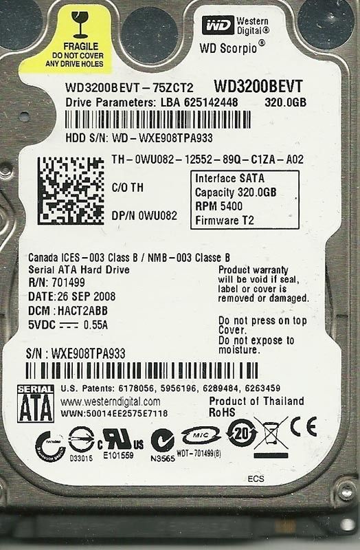 WESTERN DIGITAL 320GB WD3200BEVT 75ZCT2 DCM HACT2ABB  