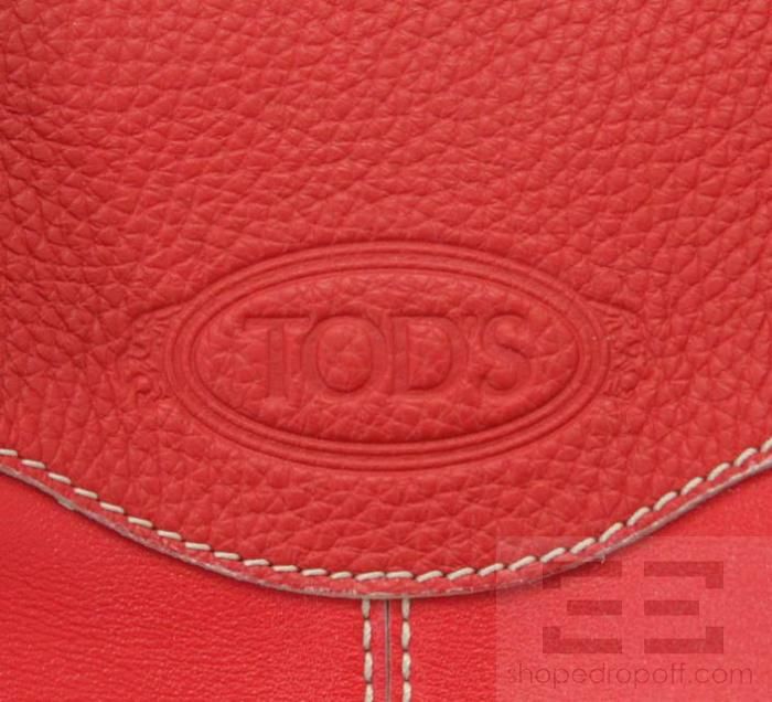 Tods Red Leather & White Topstitched Small Gommini Tote Bag  