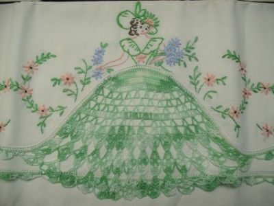 Antique VTG Southern Belle HAND EMBROIDERED PILLOW CASE SET Shabby 