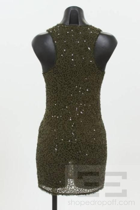 Alice & Olivia Olive Green Silk Sequin Racerback Dress Size XS NEW 