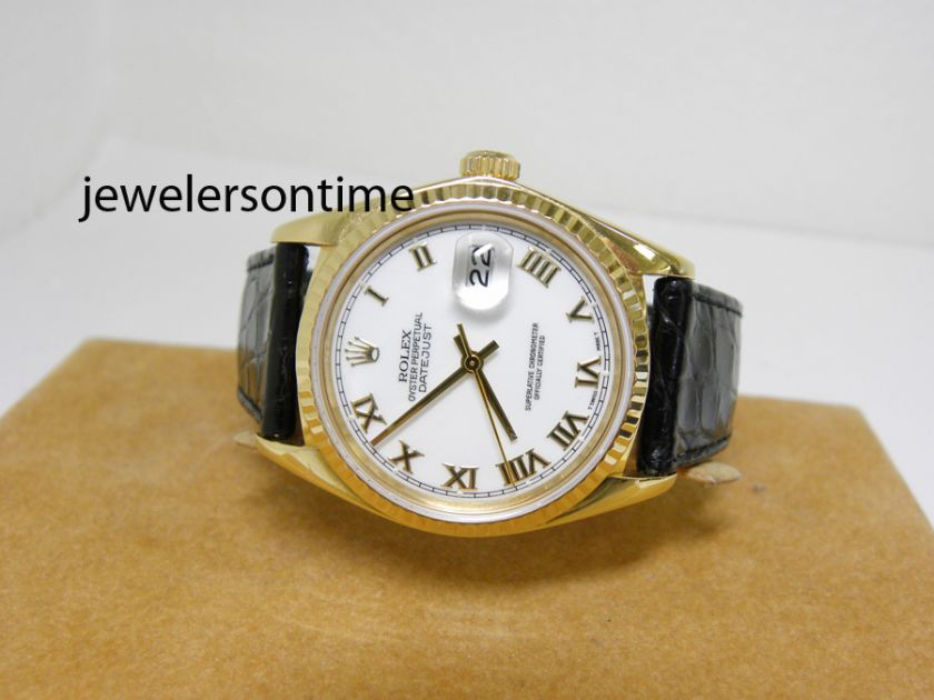   18K YG Datejust. White Bold Roman. Leather strap. ref# 16018  