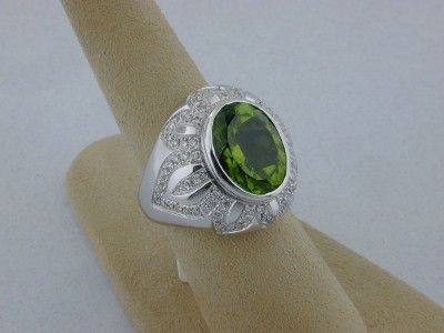 Fine 7.40ct Peridot 18k White Gold Ring w/ Diamonds  