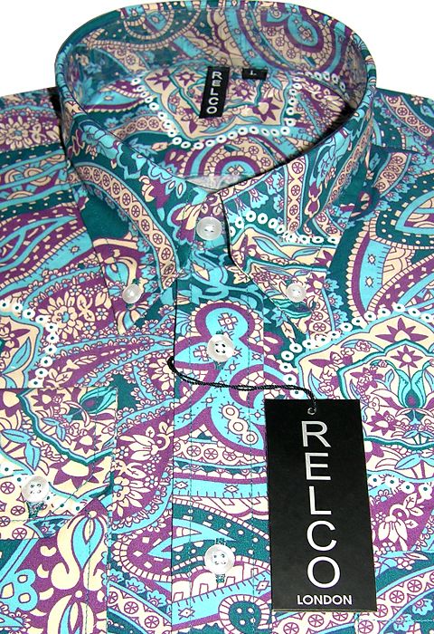 Turquoise Blue Paisley Pattern Mens Shirt   Classic Mod Vintage 