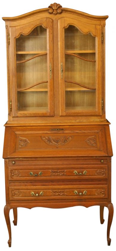 VINTAGE 1950 FRENCH SECRETARY/DESK/BOOKCASE, LOUIS XV, OAK/GLASS 