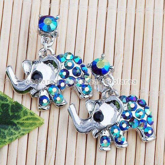 AB Blue Crystal Nickel Free Elephant Earrings Ear Studs  