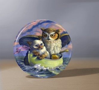 OWL & CAT IN A BOAT POCKET MIRROR  