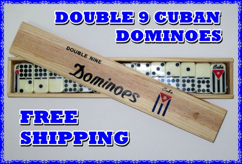   NUEVE + TABLITAS / DOUBLE NINE CUBAN FLAG DOMINOES + 4 RACKS  