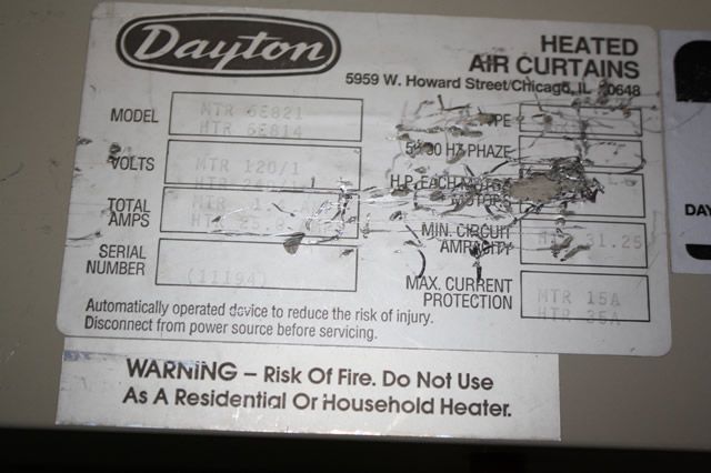 DAYTON 6E814 SINGLE PHASE 240V 6KW AIR CURTAIN HEATER ASSEMBLY  