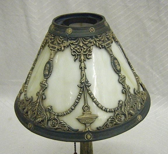Antique Slag Glass Table Lamp Metal Overlay Cameo Urn Design  