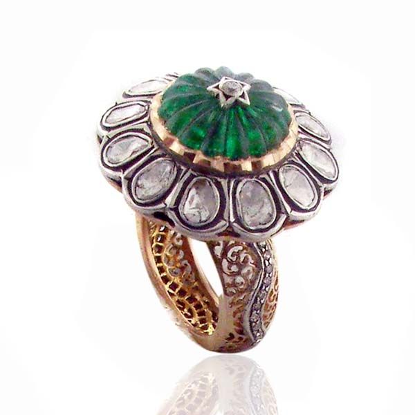   Emerald Ring 925 Sterling Silver 14k Gold Rose Cut Diamond Jewelry