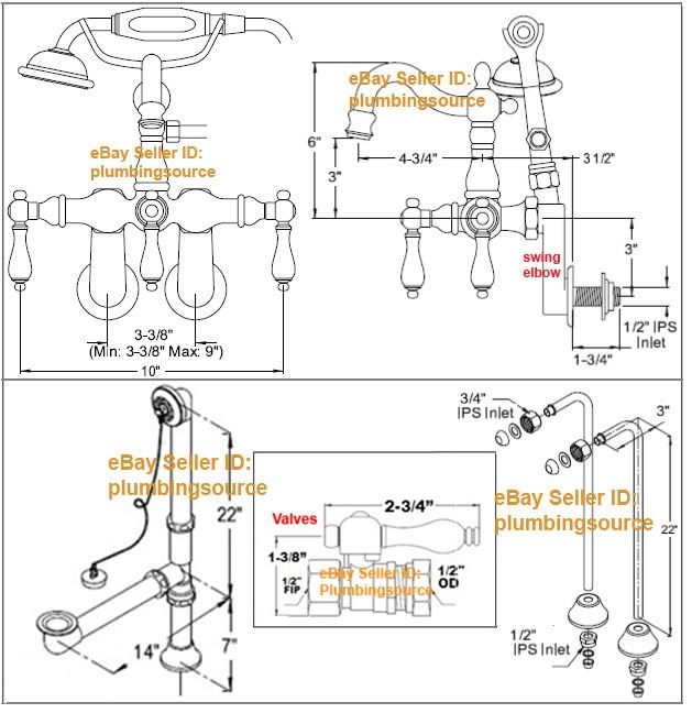   Tub Mount ClawFoot Faucet Supply Lines,Drain,Valves Package  