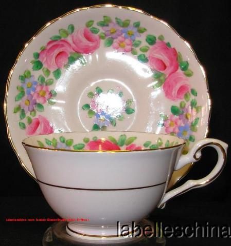   Teacup & Saucer HP Pink Roses on Pink gilt trimmed tea cup and saucer