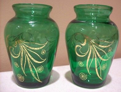 Pair of Lovely Forest Green w/Gold Vintage Mini Vases  