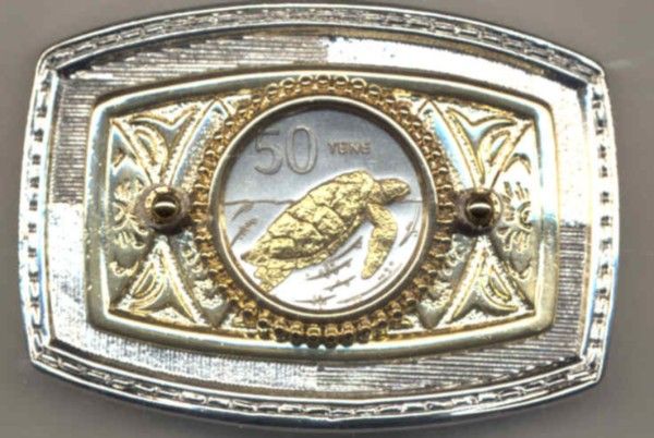 Gold on Silver Cook Island 50 Tene   Turtle Whole Coin Belt Buckle 