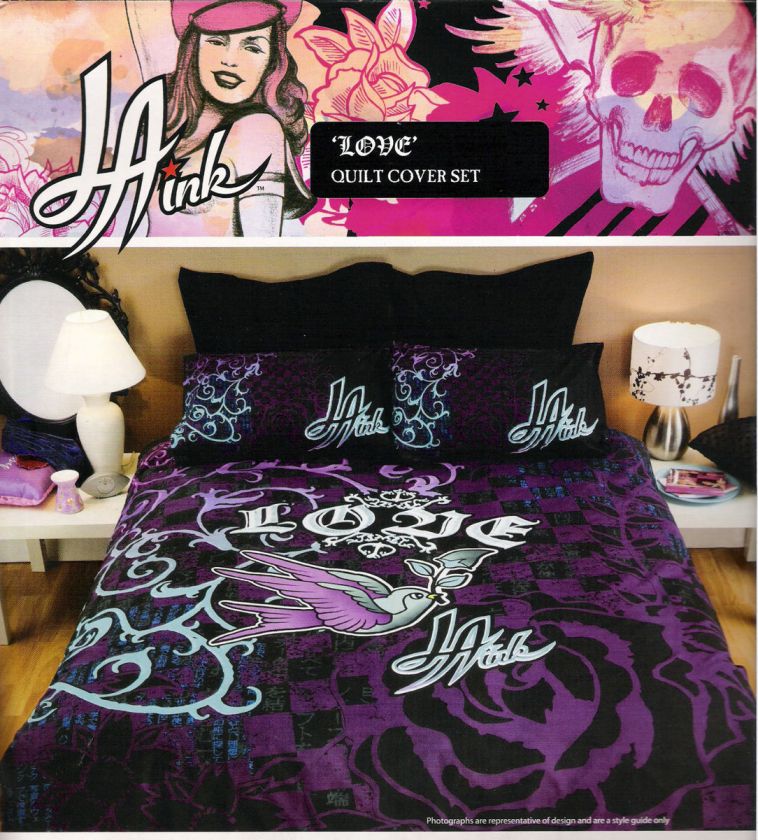 LA Ink Kat Von D Love Purple Single Bed Quilt Doona Cover Set Tattoo 