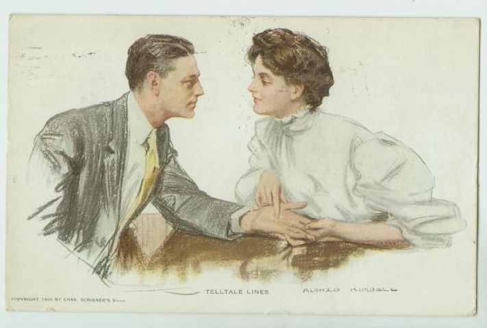 043010C SIGNED ALONZO KIMBALL POSTCARD PALM READING LOVERS 1910  